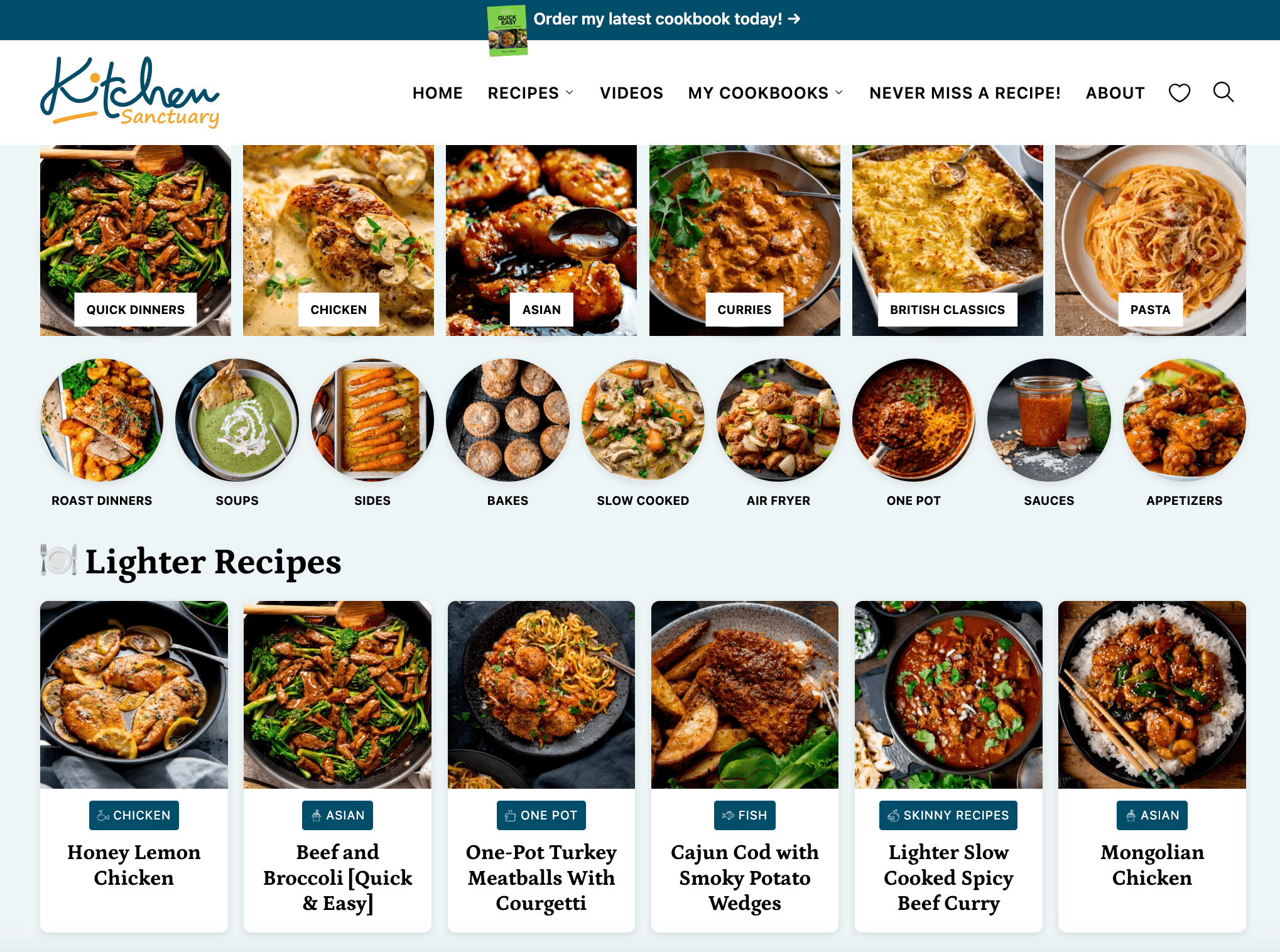 Kitchen Sanctuary homepage — a recipe blog that grew its organic search traffic from 950,000 to 2.4 million monthly visits across the same window that flattened most of the cohort.