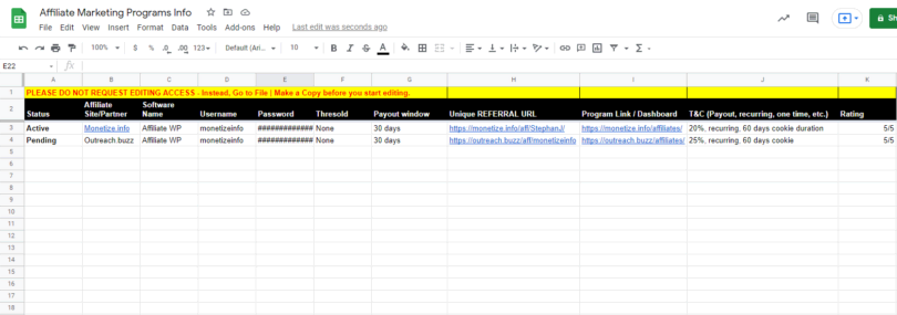 Affiliate Marketing Programs Info Spreadsheet