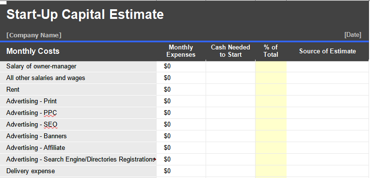 Startup Capital Estimat Spreadsheet