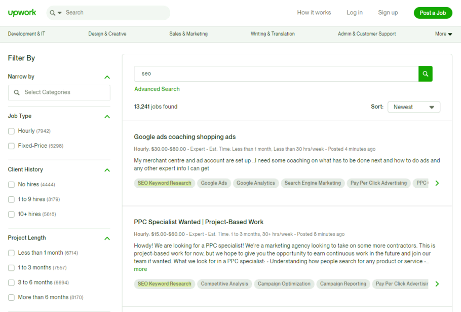 Seach a digital marketing job on Upwork