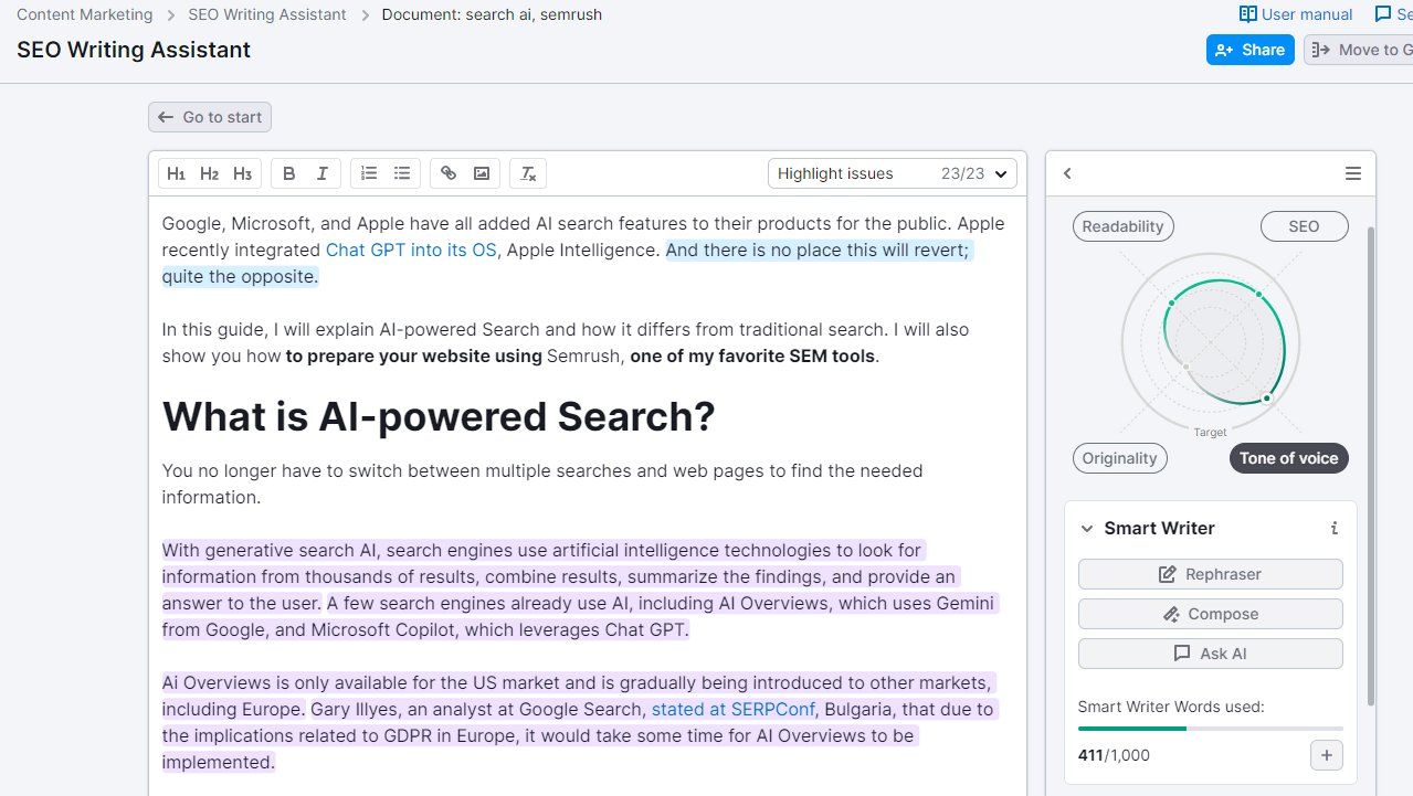 Optimizing this article for SEO using SEO Writing Assistant from Semrush