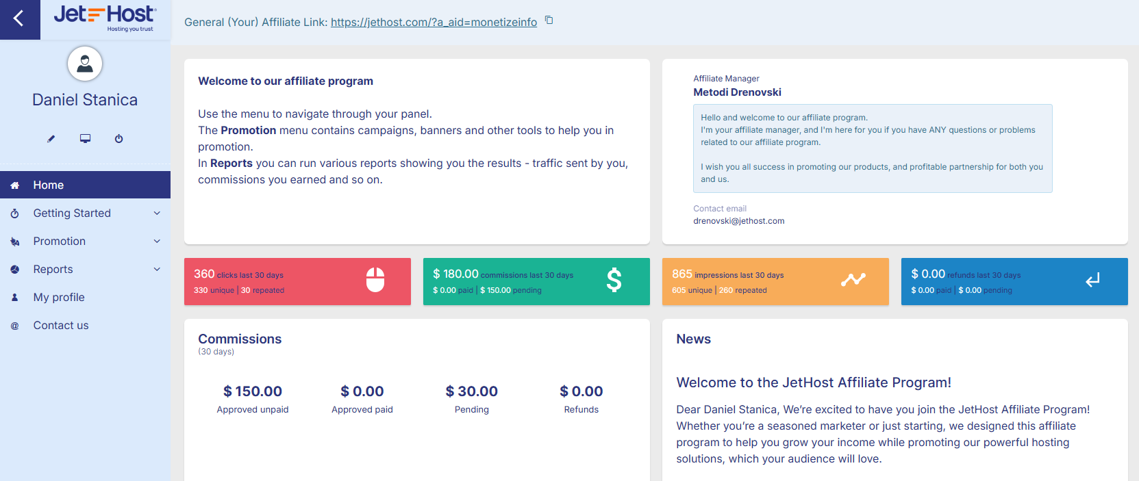 Screenshot of the dashboard of JetHost affiliate program