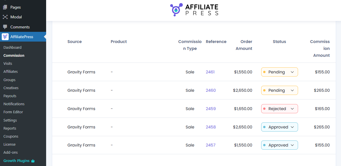 Comissions Tab