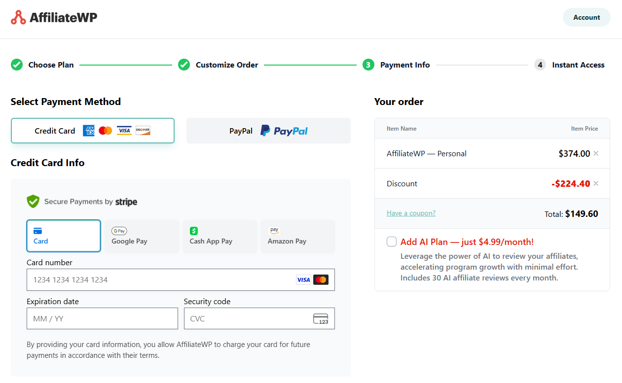 Checkout page of AffiliateWP